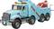 Ein Modell-Abschleppwagen wird dargestellt, mit einem hellblauen Karosserieanstrich und roten und gelben Details. Er verfügt über sechs Räder und einen roten Kran am Heck.