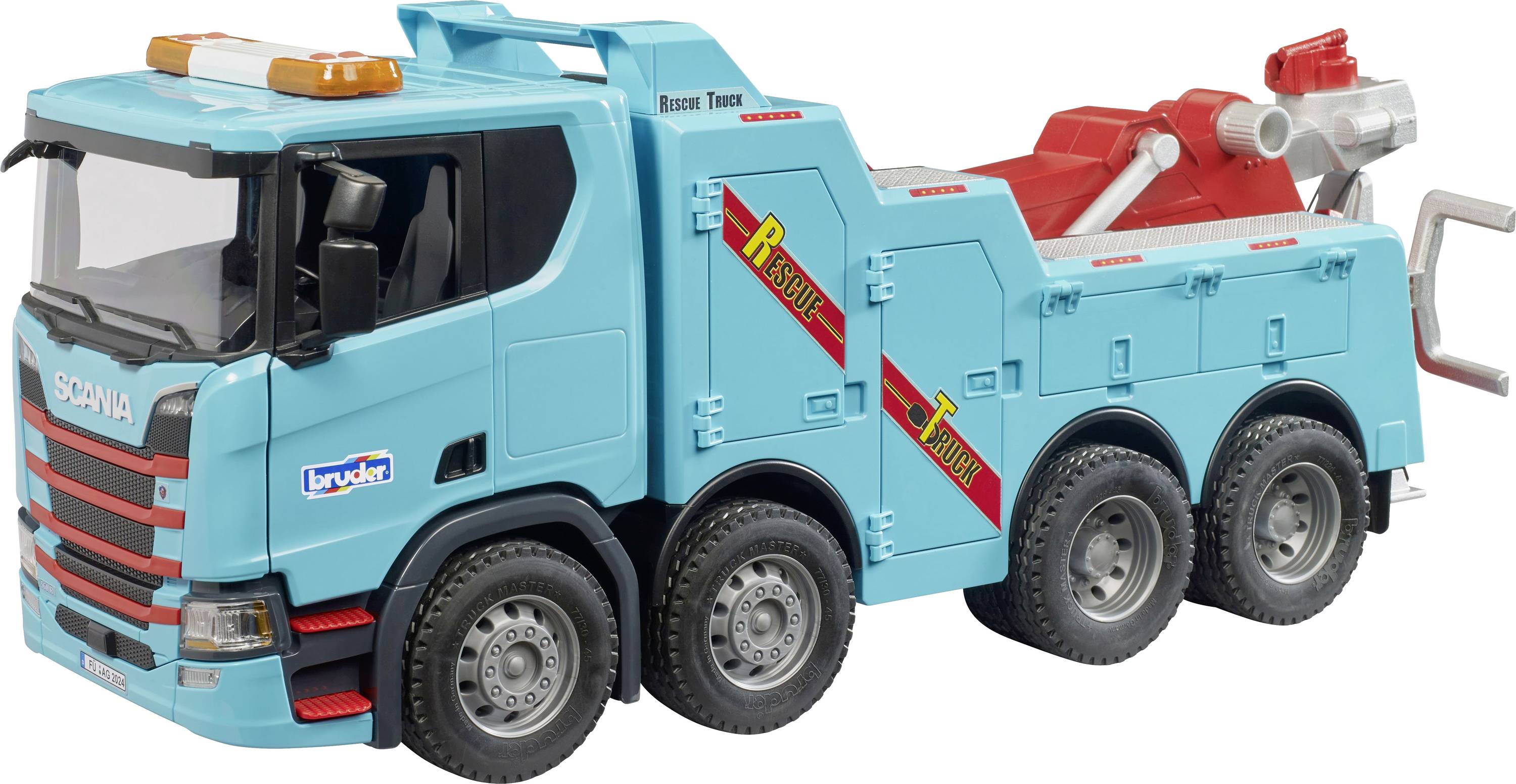 Ein blauer Spielzeug-Abschleppwagen mit mehreren Rädern, einem Kranarm und dem Schriftzug 'Rettung' an der Seite.