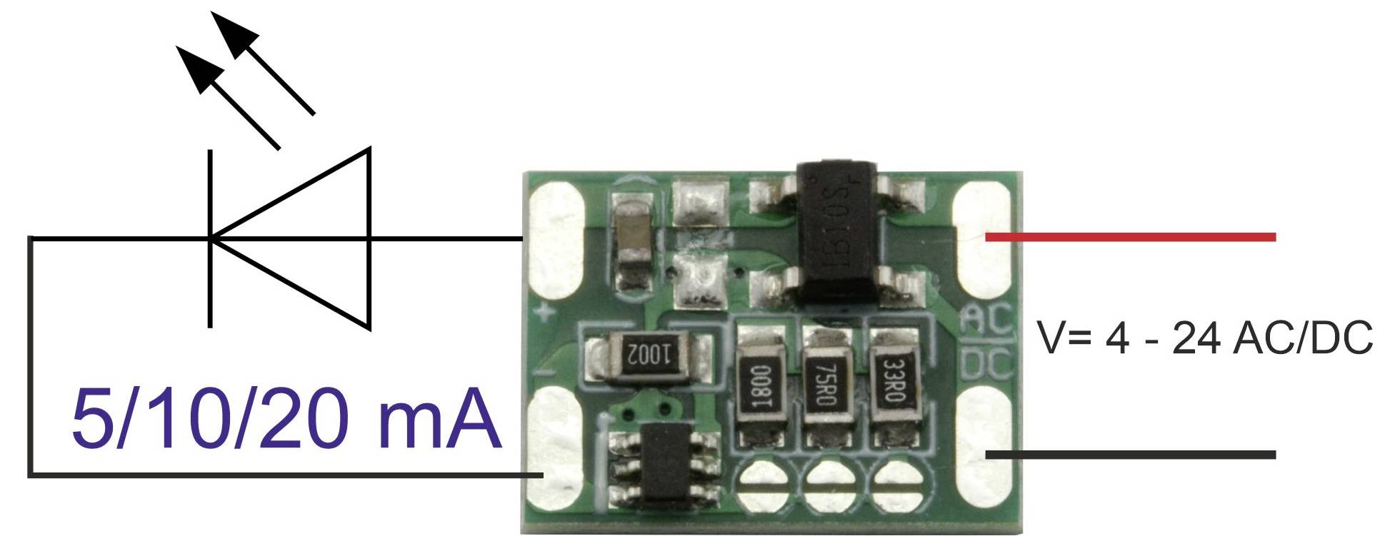 Eine kleine elektronische Leiterplatte mit beschrifteten Komponenten, die Pfeile zeigen auf ein Diodensymbol und den Text '5/10/20 mA'.
