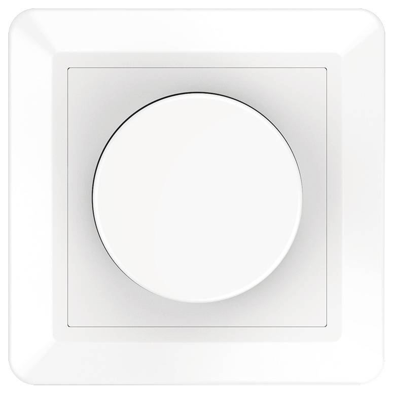 Ein weißer, wandmontierter Dimmer mit einem runden Drehknopf, der in einen quadratischen Rahmen eingelassen ist und zur Einstellung der Raumbeleuchtungshelligkeit dient.