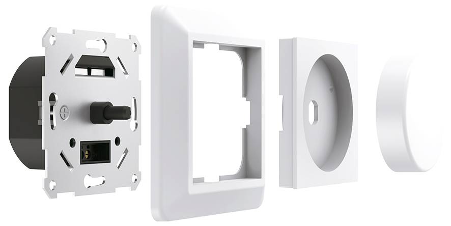 Explosionszeichnung einer Lichtschalter-Baugruppe, die die internen Komponenten und den äußeren Rahmen in einer Sequenz von links nach rechts zeigt.