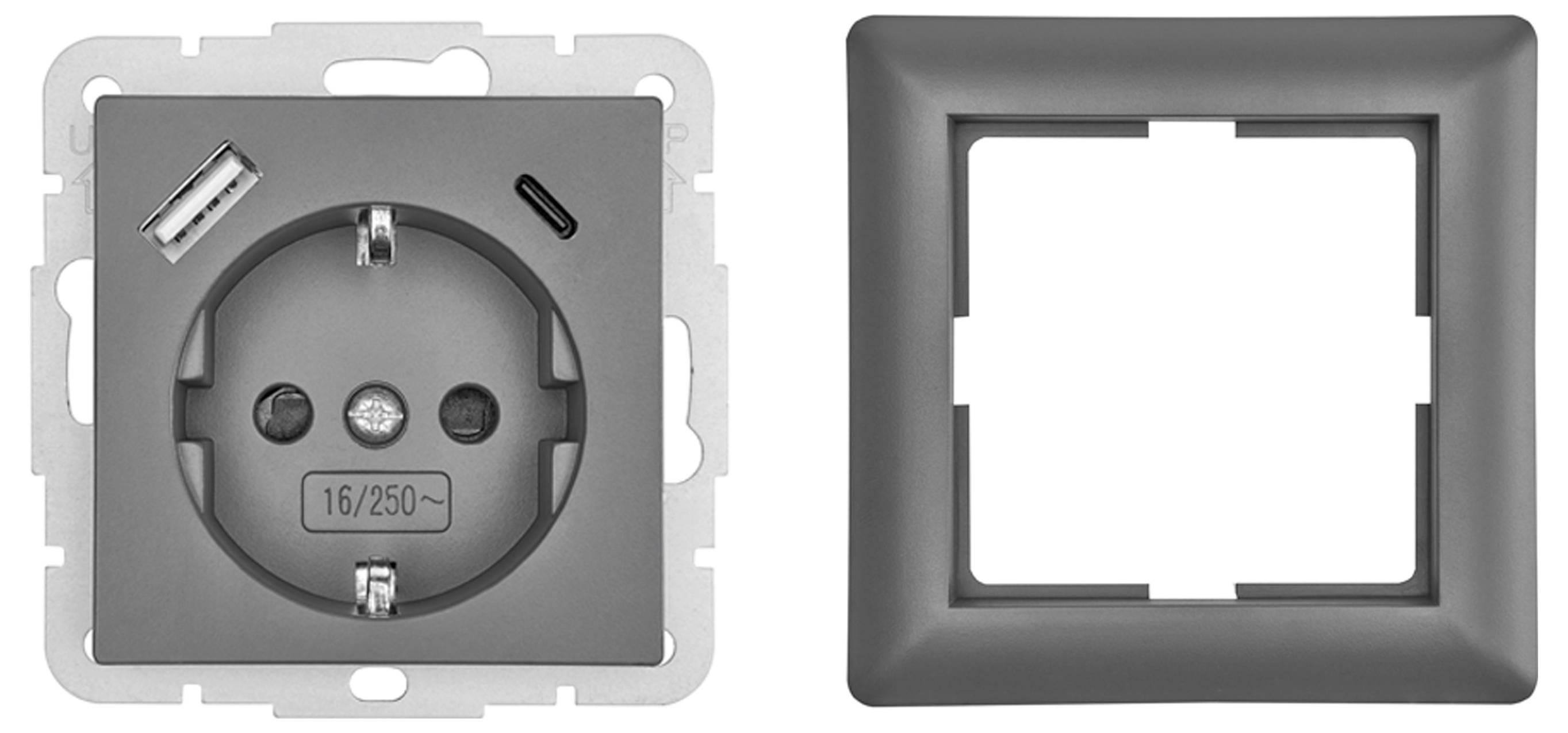 Zweiteilige elektrische Wandsteckdose: links eine kreisförmige Steckdose mit zwei USB-Anschlüssen; rechts ein passender quadratischer Rahmendeckel.