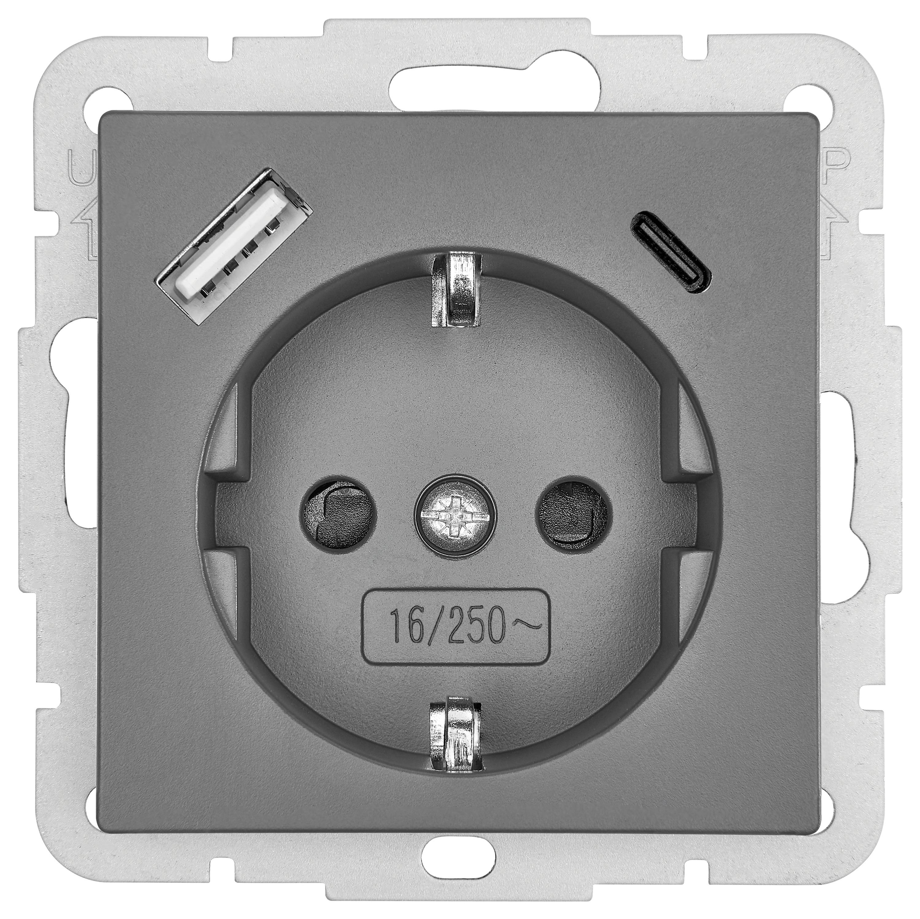 Eine Wandsteckdose mit einer zentralen runden Steckdose, einem USB-Typ-A-Anschluss links und einem USB-Typ-C-Anschluss rechts, beschriftet mit '16/250~'.