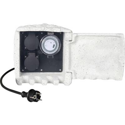 Eine mit einem Timer ausgestattete Außen-Elektrosteckdose mit zwei Anschlüssen, untergebracht in einem gesprenkelte, wetterfesten Gehäuse, verbunden mit einem Netzkabel.