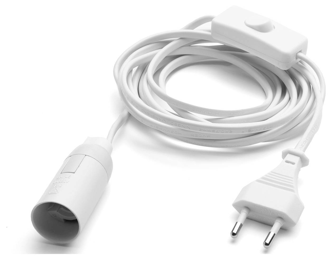 Ein weißes elektrisches Verlängerungskabel mit einem europäischen Stecker an einem Ende und einer Lampenfassung am anderen Ende, ausgestattet mit einem Zwischenschalter.