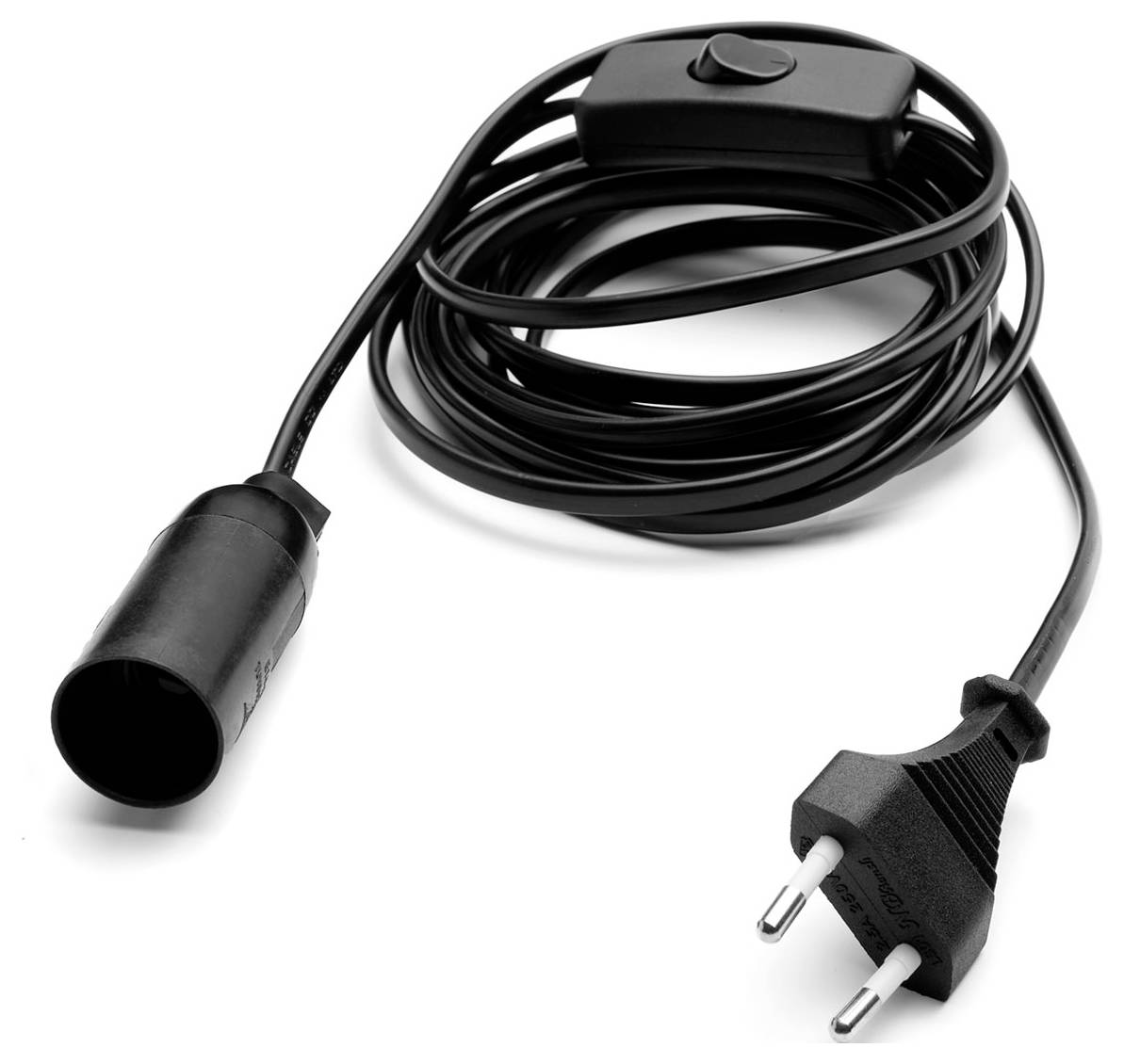 Ein schwarzes elektrisches Verlängerungskabel mit zweipinnigem Stecker und einer Steckdose am anderen Ende, ausgestattet mit einem integrierten Netzschalter.