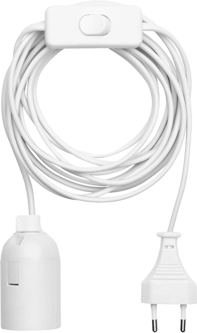 Ein weißes Pendelleuchten-Kordset mit Stecker und Schalter, ordentlich aufgewickelt.
