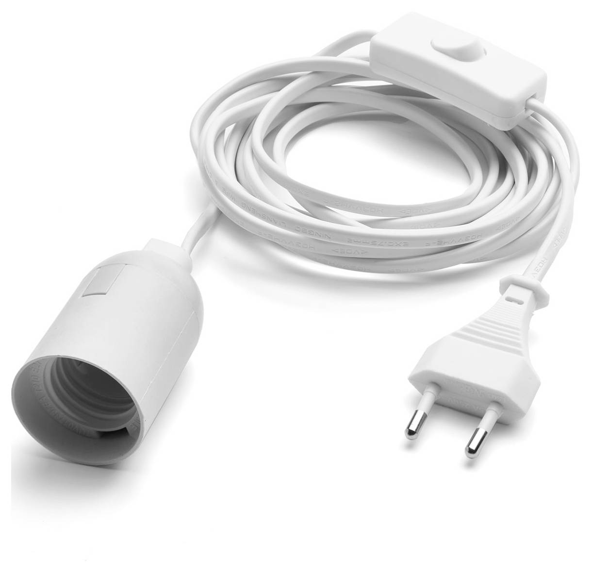 Weißes Elektrokabel mit einem europäischen Stecker an einem Ende und einer Lampenfassung am anderen Ende, mit einem eingebauten Schalter.
