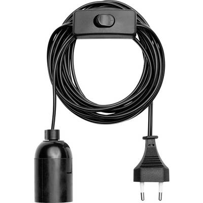 Ein schwarzes Leuchtmittelkabel mit einem Ein-/Ausschalter und einem zweiadrigen Stecker, ordentlich aufgerollt.
