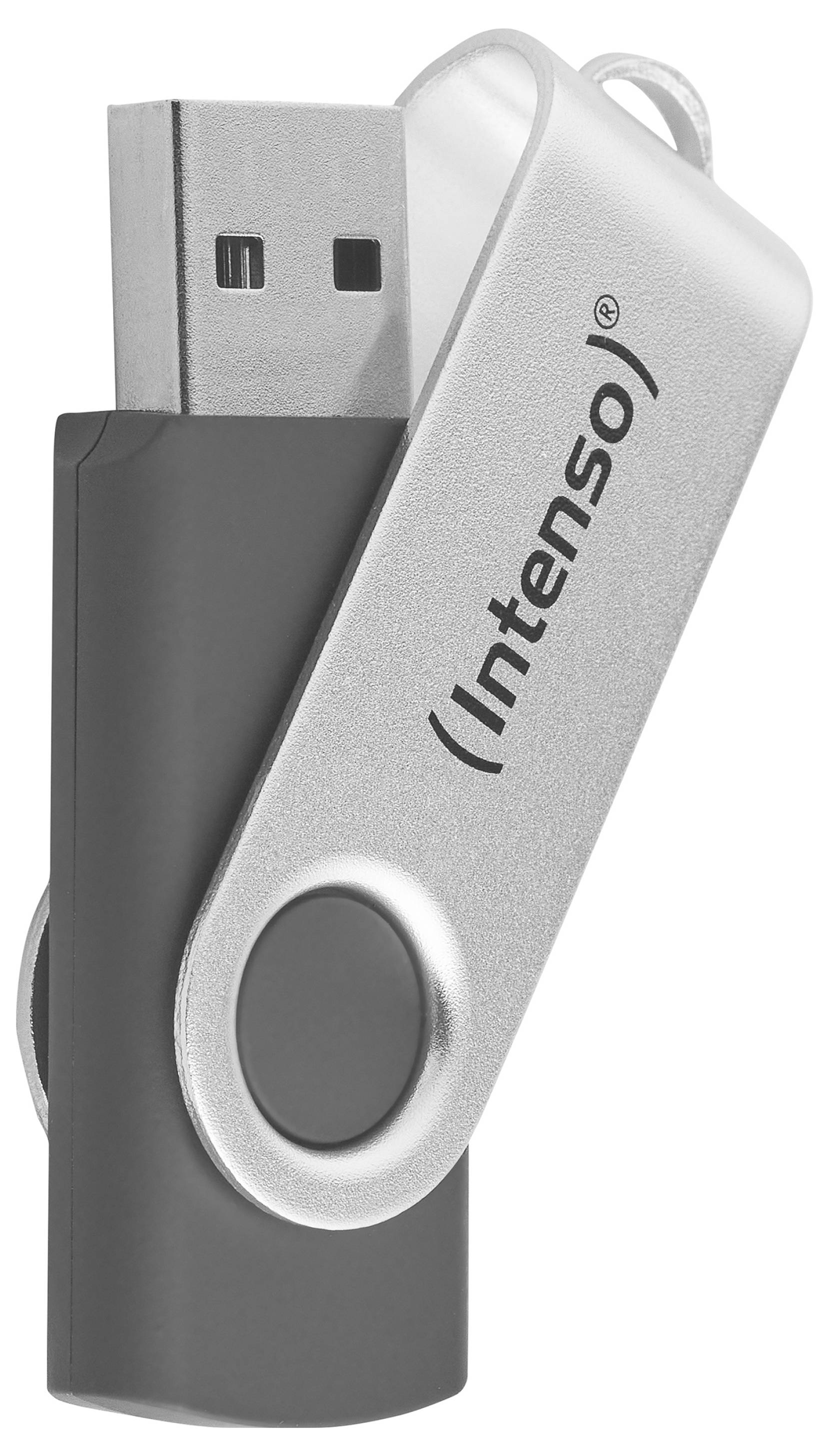 Ein schwarzer und silberner USB-Stick mit einer Schwenkabdeckung, beschriftet mit 'Intenso'.