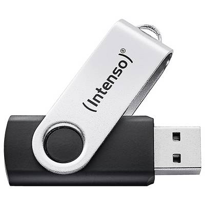 Ein silberner und schwarzer USB-Stick mit einer schwenkbaren Abdeckung, beschriftet mit 'Intenso'.