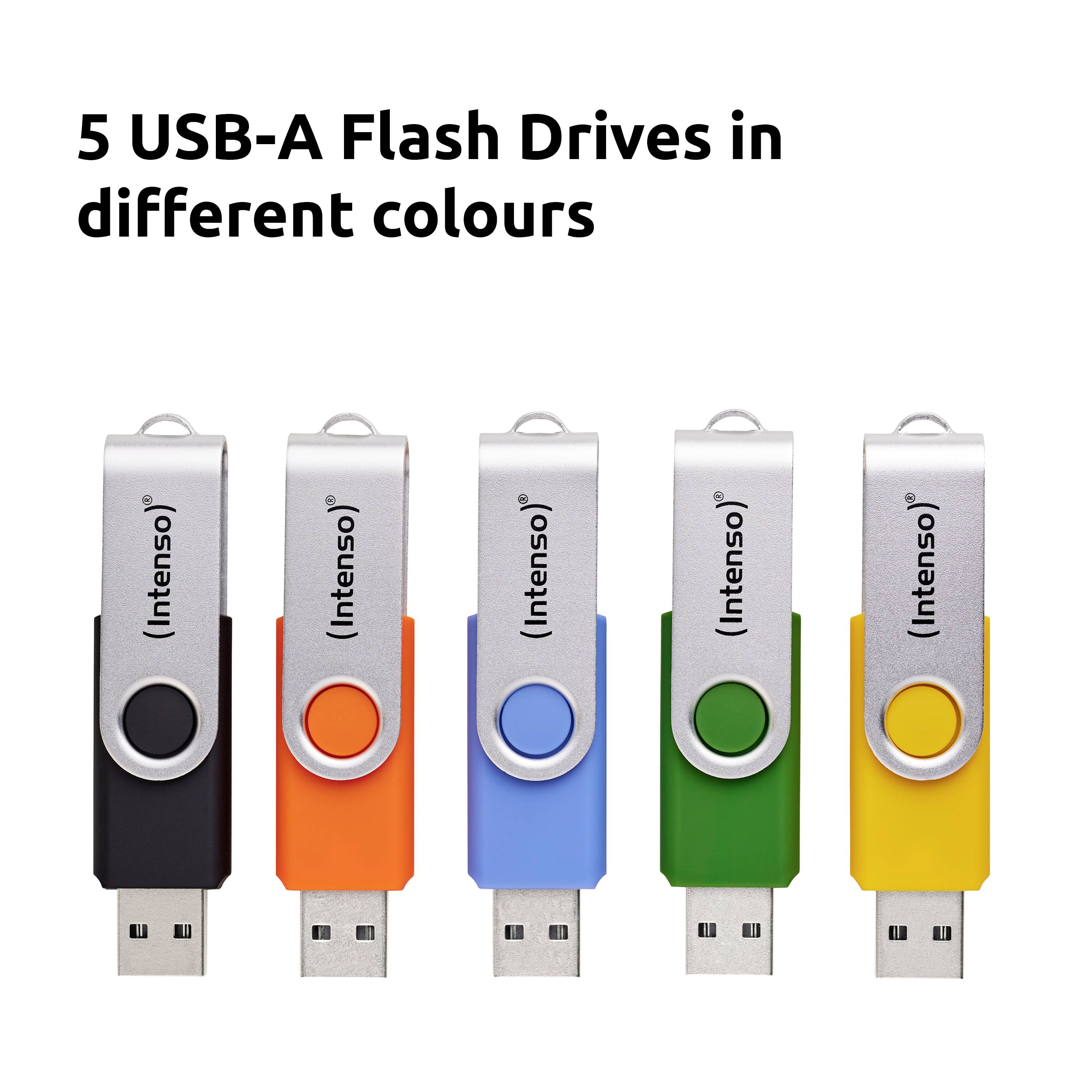 '5 USB-A-Sticks in verschiedenen Farben: schwarz, rot, blau, grün und gelb. Jeder verfügt über eine Schutzkappe zum Schwenken und die Marke Intenso.'