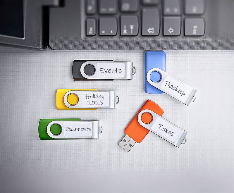 Mehrere beschriftete USB-Laufwerke auf einem Schreibtisch neben einer Tastatur, beschriftet mit "Veranstaltungen", "Feiertage 2025", "Dokumente", "Backup" und "Steuern".