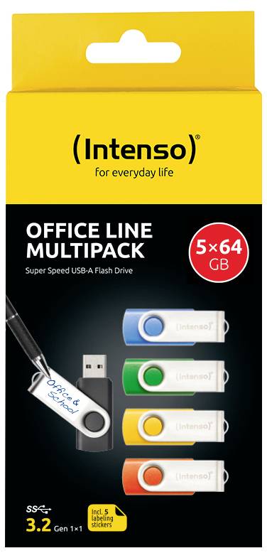 "Intenso Office Line Multipack" Verpackung mit vier USB-Sticks in Gelb, Grün, Orange und Blau, jeweils 64 GB, mit dem Text "Super Speed USB-A Flash-Laufwerk".