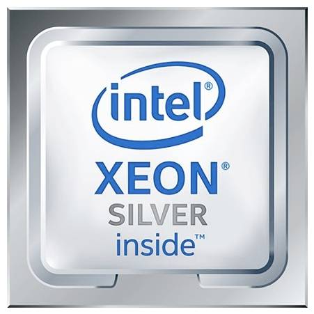 Logo von Intel Xeon Silver mit dem Text 'Intel Xeon Silver inside', das blaue und silberne Farben auf einem metallischen Hintergrund zeigt.