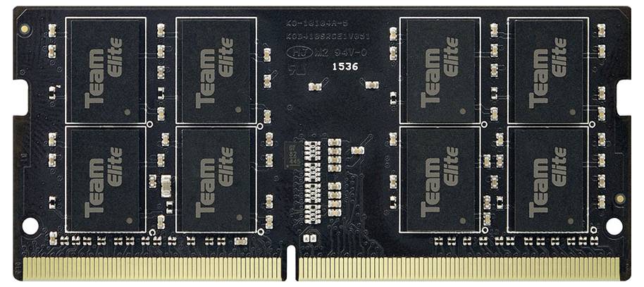 Schwarzer Computer-RAM-Riegel, beschriftet mit 'Team Elite', mit acht Speicherchips, goldenen Anschlüssen und mehreren kleinen elektronischen Bauteilen.