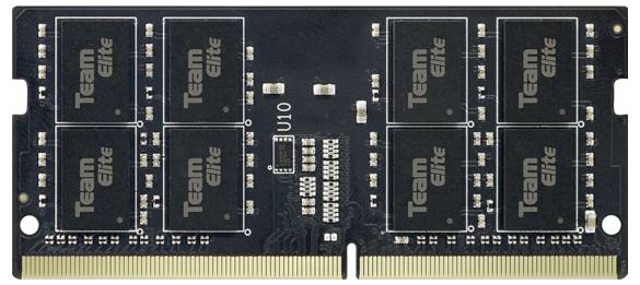 Ein schwarzer und goldener Computer-RAM-Modul mit 'Team Elite' Branding auf jedem Chip, der Speicher für elektronische Geräte oder Computer anzeigt.