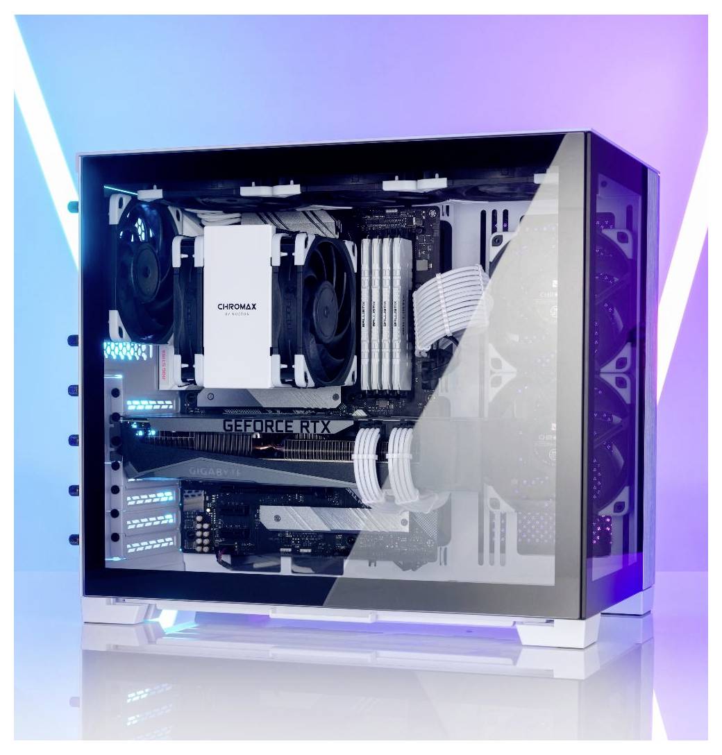 Ein transparenter Computergehäuse, der Innenkomponenten wie Kühlventilatoren, Kabel und eine Grafikkarte zeigt, mit mehrfarbiger LED-Beleuchtung.