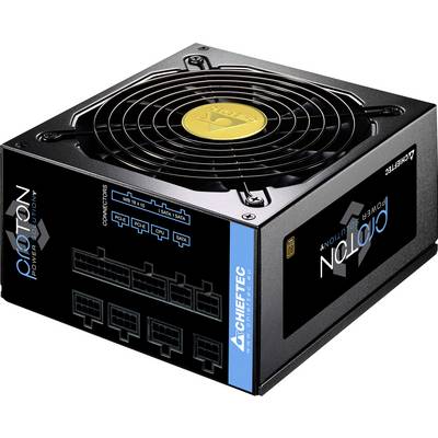Ein schwarzes Computer-Netzteil mit einem großen Kühlventilator und mehreren Anschlussports, die als Molex, SATA und PCI beschriftet sind.