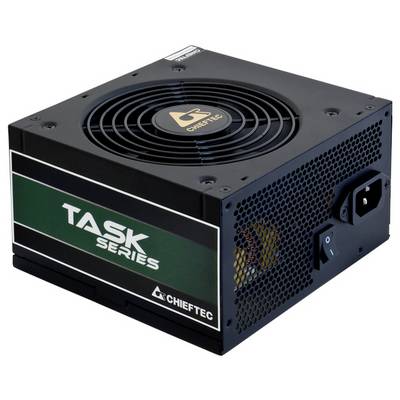 Chieftec TASK Serie Netzteil mit Kühlventilator, Netzschalter und sichtbarem Kabelanschluss.