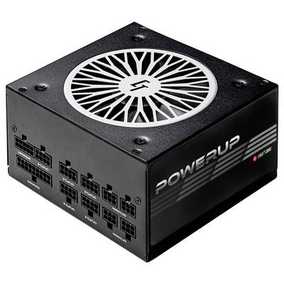 Eine schwarze Netzteileinheit mit der Aufschrift 'POWERUP', ausgestattet mit mehreren Anschlüssen und einem Kühlventilator auf der Oberseite.
