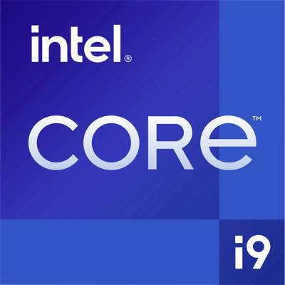 "Intel Core i9" Logo auf einem blauen Hintergrund, der ein Modell der Intel-Prozessor-Produktlinie anzeigt.