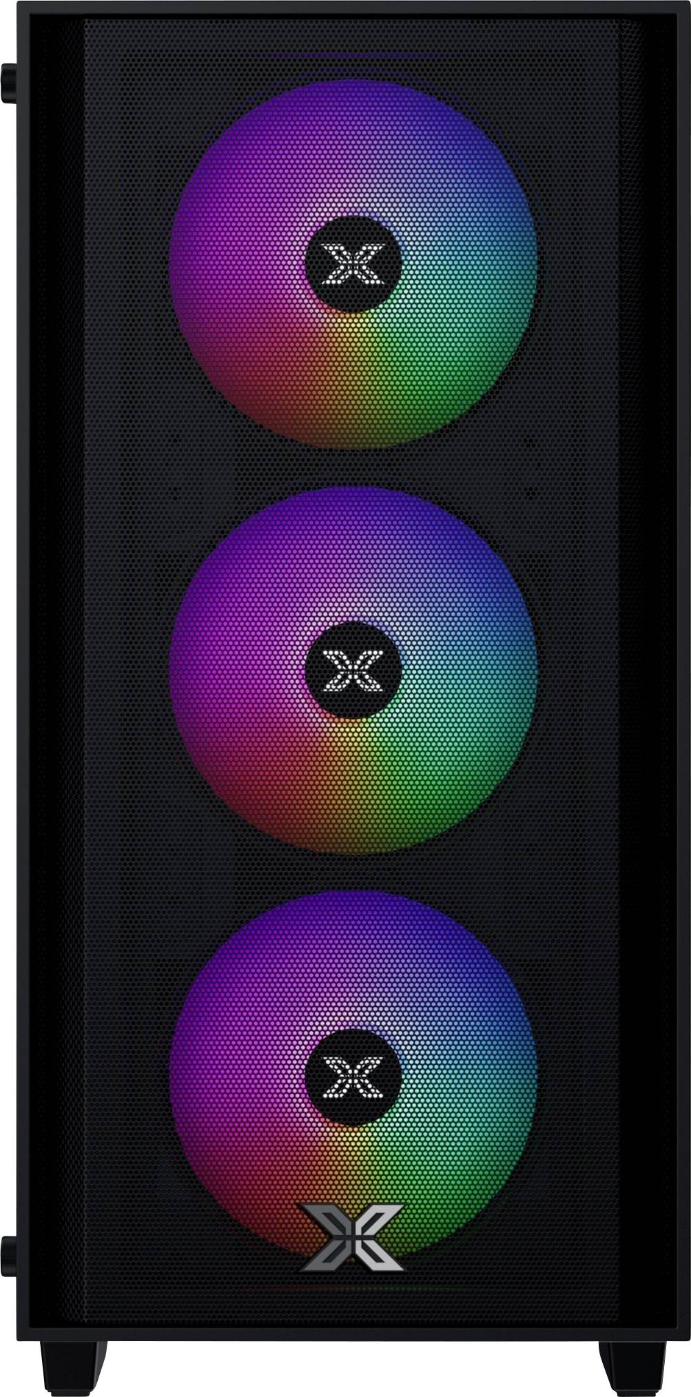 Ein Computergehäuse mit drei vertikal ausgerichteten, bunten RGB-Lüftern an der Vorderseite, die jeweils ein Farbspektrum darstellen.