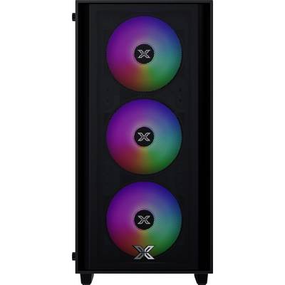 Ein Computergehäuse mit drei vertikal ausgerichteten, bunten RGB-Lüftern an der Vorderseite, die jeweils ein Farbspektrum darstellen.
