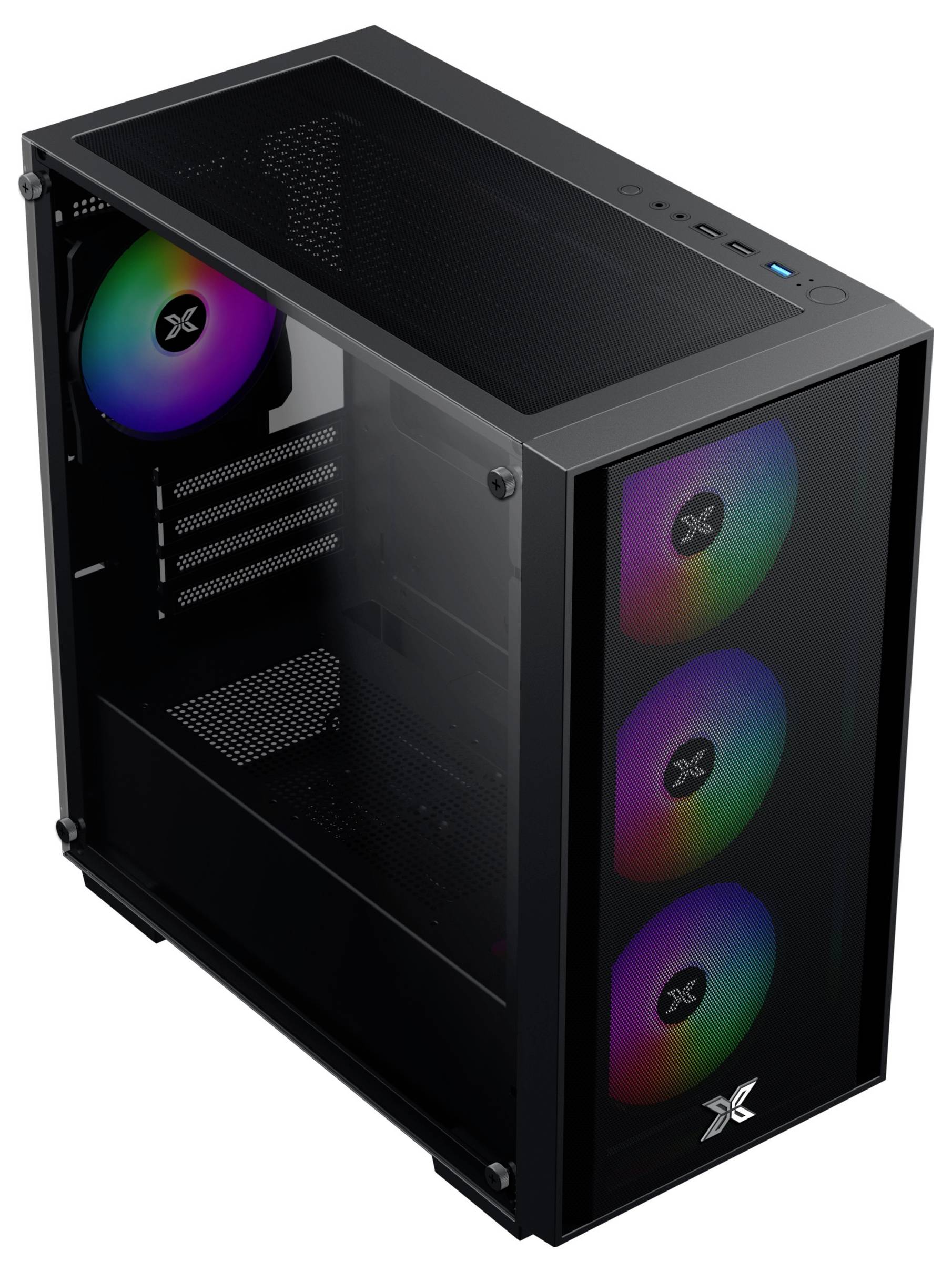 Ein schwarzes Computer-Tower-Gehäuse mit transparentem Seitenpanel, das drei farbenfrohe RGB-Lüfter zeigt; Einschaltknopf und USB-Anschlüsse auf der Oberseite.