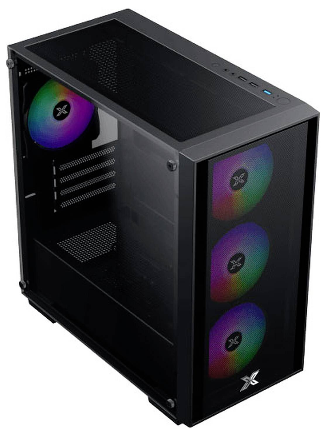 Schwarzes Computergehäuse mit drei frontal montierten RGB-Lüftern und einem sichtbaren Lüfter an der Rückseite, mit Gitter-Seitenpanel und Anschlüssen auf der Oberseite.
