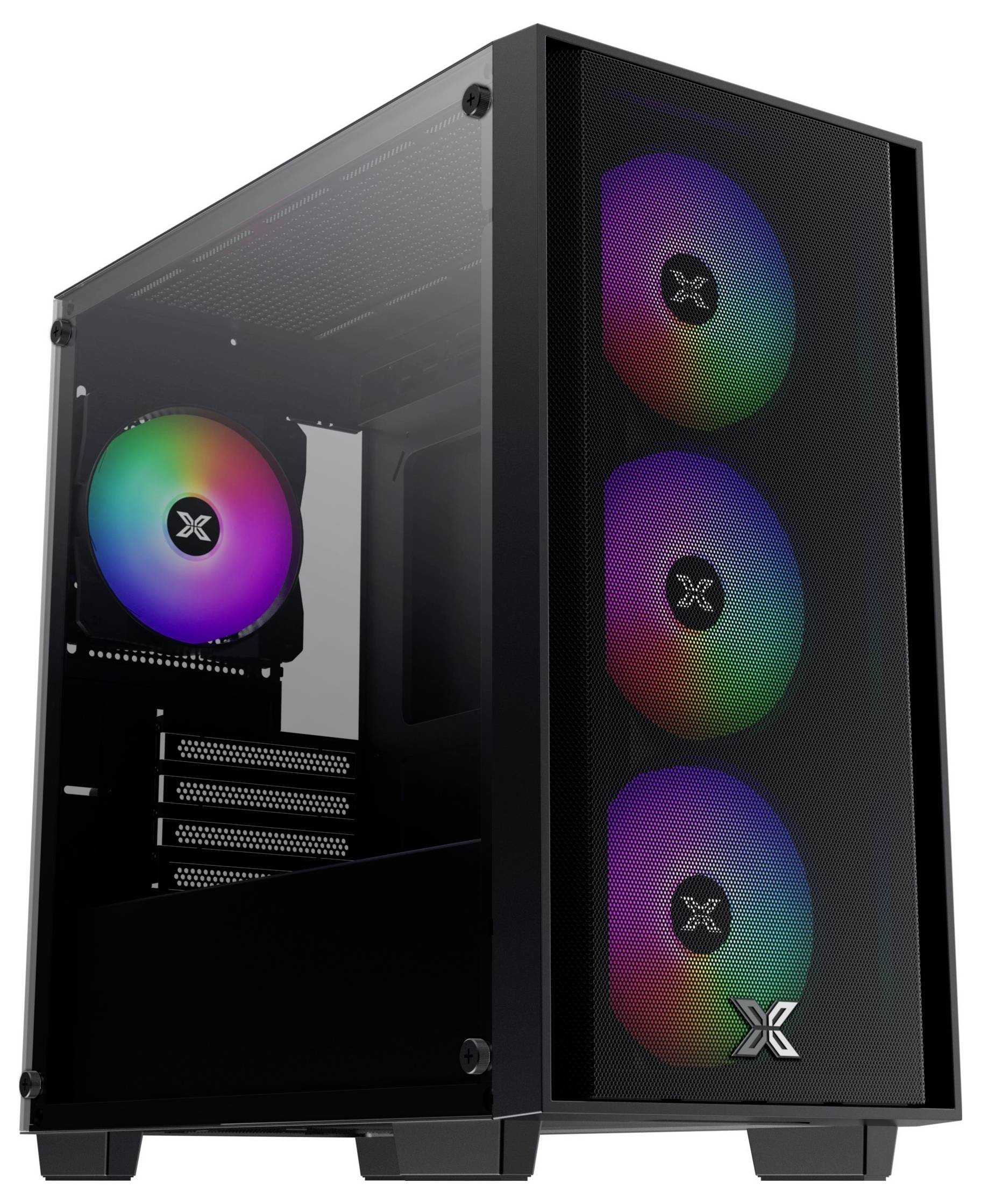 Ein schwarzer Computer-Tower mit vier RGB-Lüftern; drei an der Frontplatte und einer hinten, der lebendige mehrfarbige Beleuchtungseffekte zeigt.