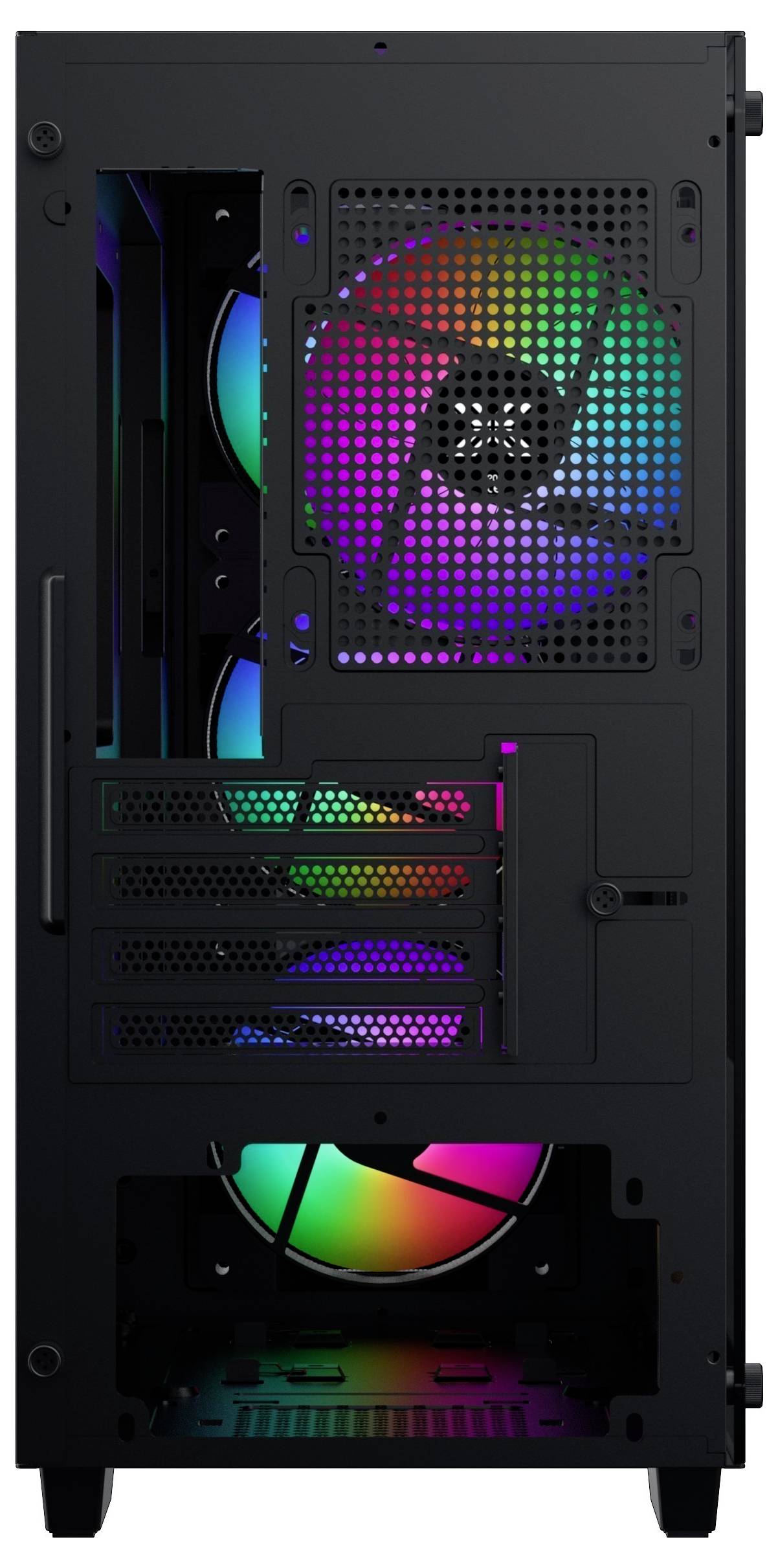 Ein schwarzes Computergehäuse wird von hinten gezeigt, mit drei RGB-Lüftern, die in Mehrfarbenlicht leuchten und damit sein Kühldesign hervorheben.