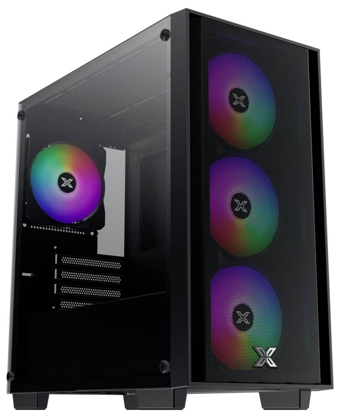Ein schwarzer Computertower mit RGB-Beleuchtung an drei vorderen Lüftern und einem hinteren Lüfter, eingehüllt in ein transparentes Seitenpanel.
