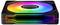Ein quadratischer Computerlüfter mit RGB-Beleuchtung, der einen Regenbogen-Farbverlauf zeigt.