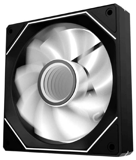 Ein schwarzer Computer-Kühlventilator mit weißen Rotorblättern, konzipiert für effiziente Luftzirkulation in PCs.