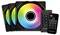 Drei RGB-Computerkühllüfter mit lebhaften Farben, zusammen mit einer Steuereinheit und einer Fernbedienung, die zur Anpassung der Lüftergeschwindigkeit und LED-Einstellungen verwendet werden.