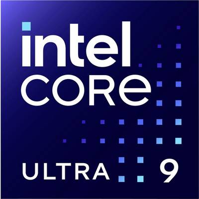 Logo des Intel Core Ultra 9 auf einem dunkelblauen Hintergrund mit sich überlappenden hellblauen Quadraten.