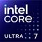 Logo der 'Intel Core Ultra 7' auf einem dunkelblauen Hintergrund mit Verlaufsfarbübergang und pixeligen Designelementen.