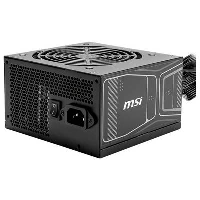 Eine schwarze MSI Netzteileinheit mit einem Lüfter oben und seitlicher Markenbeschriftung, ausgestattet mit mehreren Kabeln für den Computeranschluss.