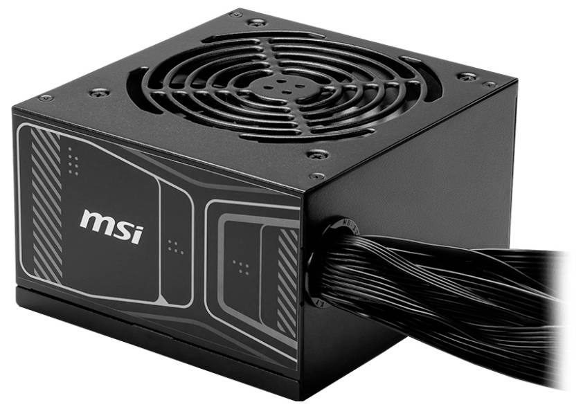 Netzteil von MSI mit einem Kühlventilator auf der Oberseite und mehreren schwarzen Kabeln, die seitlich herausragen.
