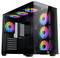 Ein transparenter Computergehäuse, der bunte RGB-Beleuchtung auf Lüftern und im Inneren präsentiert, entwickelt für High-Performance-Gaming oder kreative Aufgaben.