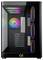 Ein schwarzes Computergehäuse mit transparenter Seitenscheibe präsentiert farbenprächtige RGB-Lüfter und mehrere Steckplätze für Komponenten im Inneren.