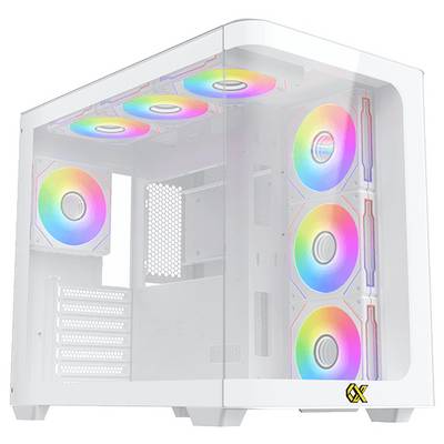 Ein weißes Computergehäuse mit mehreren RGB-Lüftern, die lebendige Farben zeigen. Das Seitenpanel ist transparent und gibt Einblicke ins Innere.