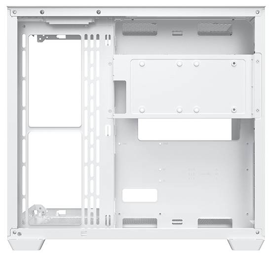 Weißes Computer-Gehäuseinneres mit leeren Steckplätzen für Komponenten; zeigt Montagebereiche für Mainboard, Netzteil und Speicherlaufwerke.