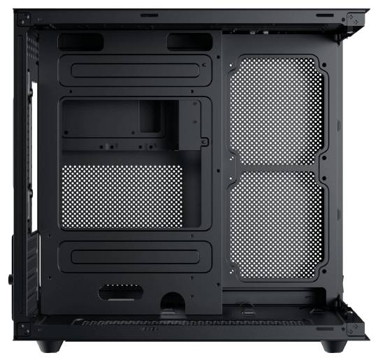 Ein leerer Computergehäuse mit abgenommenem Seitenpanel, das den internen Metallrahmen und belüftete Abschnitte für Luftzirkulation zeigt. Geeignet für individuelle PC-Aufbauten.