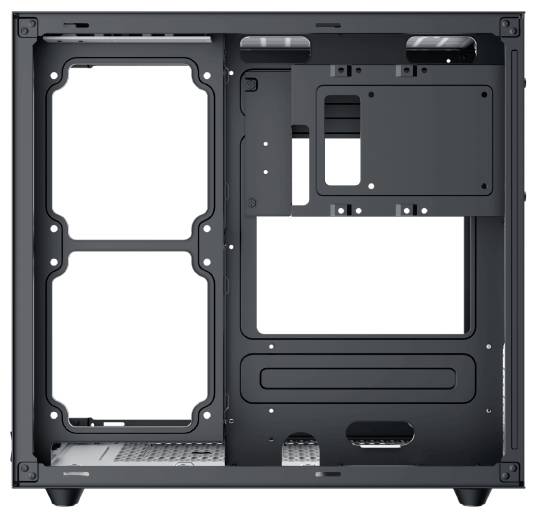 Ein Computergehäuse-Innenraum zeigt eine anpassbare Anordnung für effiziente Kühlung und Kabelmanagement, mit Platz für Komponenten und Lüfter.