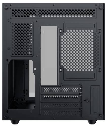 Das Bild zeigt die Rückseite eines Computergehäuses mit Lüftungsgittern, Steckplätzen für Komponenten und Anschlüssen für Verbindungsports.