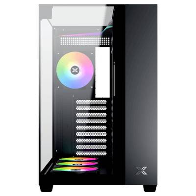 Computergehäuse mit Glasseitenpanel, das die interne RGB-Beleuchtung präsentiert und mehrere Lüftungsschlitze aufweist, geeignet für Gaming oder Hochleistungs-Konfigurationen.