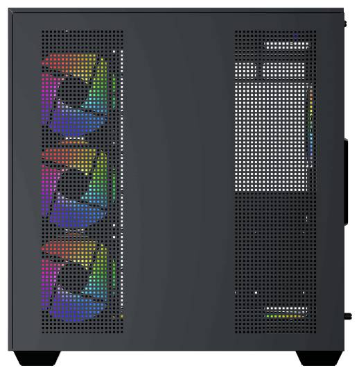Ein schwarzes Computergehäuse mit drei mehrfarbigen Lüftern, die durch ein gelochtes Seitenpanel sichtbar sind und einen Schwerpunkt auf Kühlung und Ästhetik legen.