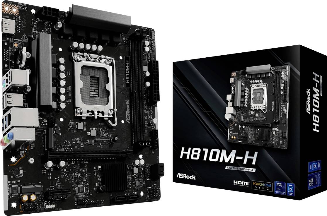 Mainboard-Modell ASRock H810M-H wird mit seiner Verpackung präsentiert. Die Platine zeigt verschiedene Anschlüsse und Steckplätze und verdeutlicht damit ihre Konnektivitätsfunktionen. Die Verpackung hebt den Modellnamen und die Marke hervor.